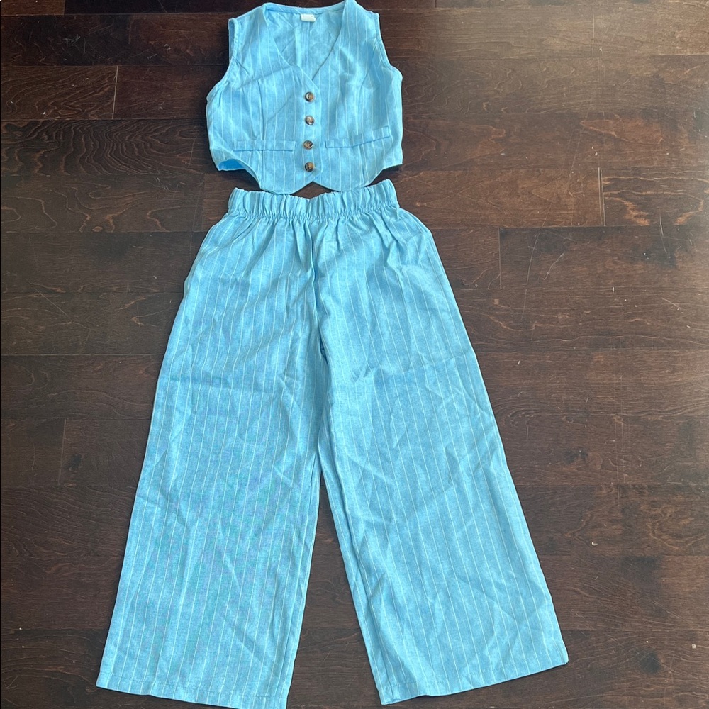 SHEIN Light Blue Pinstripe Wide-Leg Pants with Matching Vest